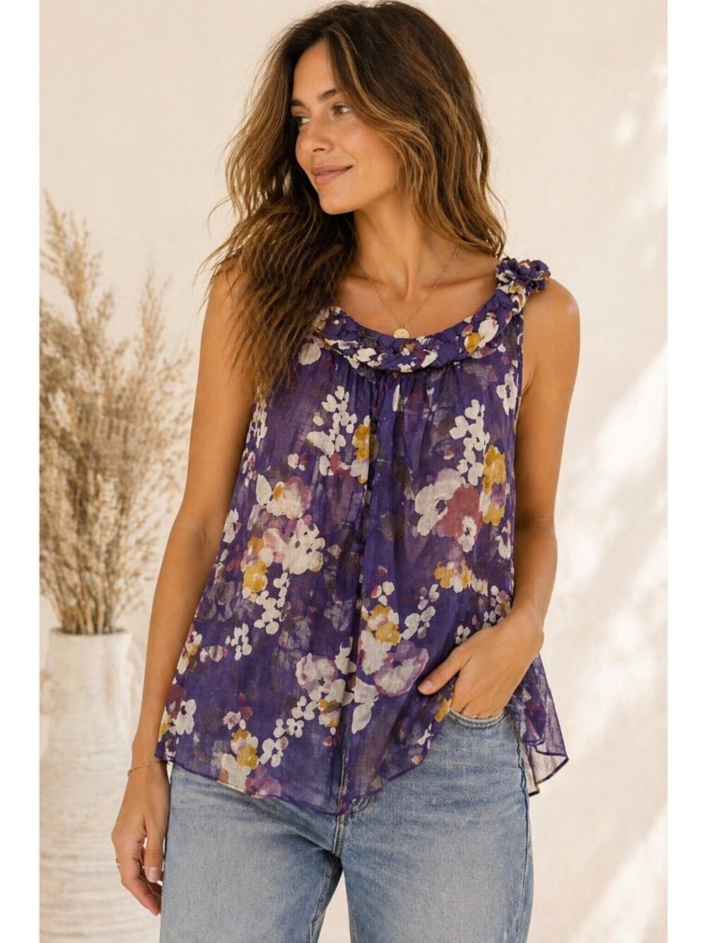 Nick & Mo Top M Purple Floral Sheer Cotton Boho Sleeveless Anthropologie 20x26